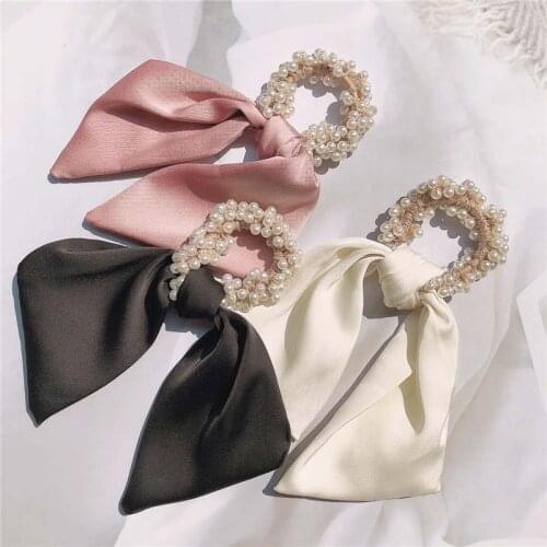 Pearl Streamer Hair Rope For Women Girls Korean Style Solid Color Hair Tie Hair Accessories Bow Hair Ring Ribbon Band Headwear