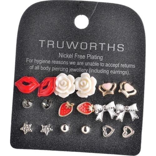 9Pairs/Lot Lip/Flower/Crown/Strawberry/Bowknot Shaped Ear Accessories Jewelry Ethnic Enamel Crystal Stud Earrings Set