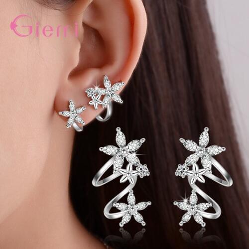 Trendy 925 Sterling Silver None Piercing Cuff Earrings Cubic Zircon Brincos Flower Clip Earrings for Women Girl Gifts Jewelry