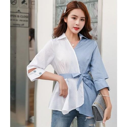Splice blouse Women Half sleeve fashion Bow belt shirts 2021 Spring stripe blouses Female elegant shirt Chemises pour femmes New