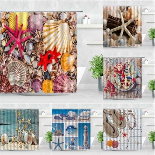 Fabric Shower Curtain Sets Red Starfish Color Shell Pattern 3D Printing Natural Waterproof Bathroom Decor Hooks Bath Curtains