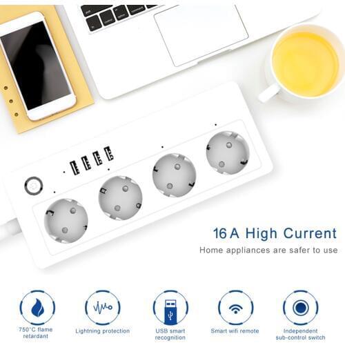 Smart Power Strip WiFi WiFi Surge Protector Power Bar with 4 AC Outlets and 4 USB Charging Port for Home Office Supplies EU Plug