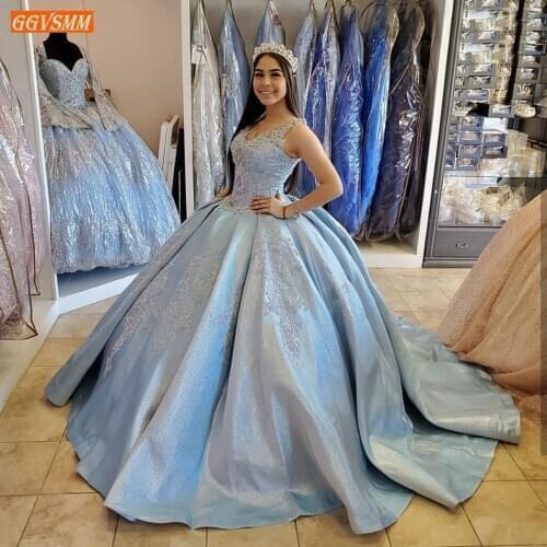 Gorgeous Blue Wedding Dresses Lace Up Appliqued Beaded Crystal Satin Ball Gown Bridal Dress Long 2021 Customized Wedding Gowns