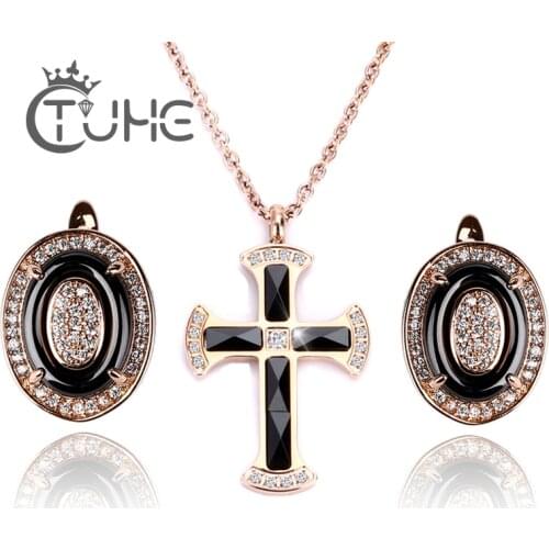 Vintage Jewelry Sets For Women Cross Necklace Round Earrings Rose Gold Blacck Ceramic Baroque Cubic Zirconia 316 Stainless Steel