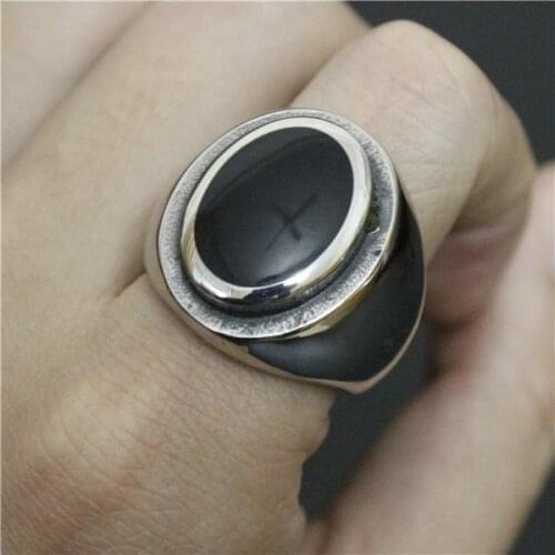 Top Quality Heavy Big Round Black Stone Ring Fashion Polishing Jewelry Ring 316L Stainless Steel Jewelry