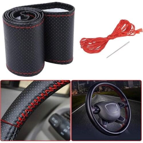High quality microfiber black and red thread cloth and leather universal sewn auto steering wheel cover case 37-38cm diameter wi