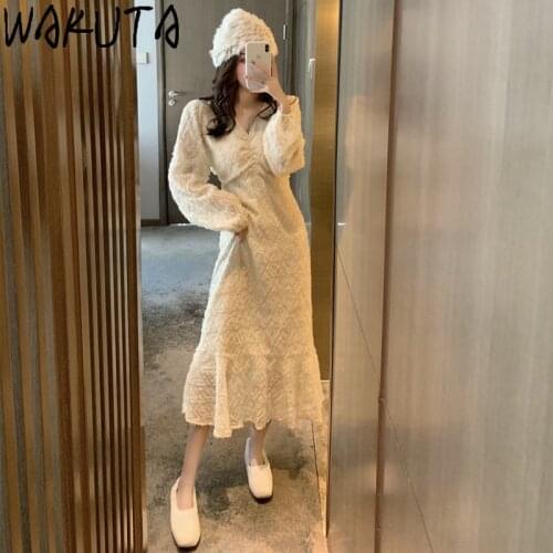 WAKUTA Fashion Vintage Ladies Mermaid Dresses 2021 Korean Elegant Apricot Lantern Sleeve Chic Ruffled Dress Femme Party Date New