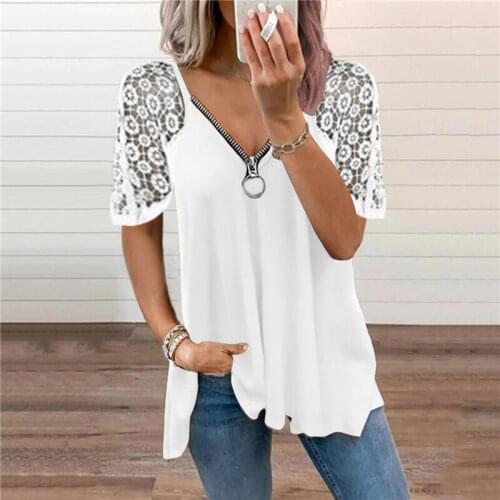 2021 Summer New Womens Clothing Fashion Lace Zipper T-Shirt Solid Casual Loose Short Sleeve Vneck Top Tee Shirt Pullover Clothes