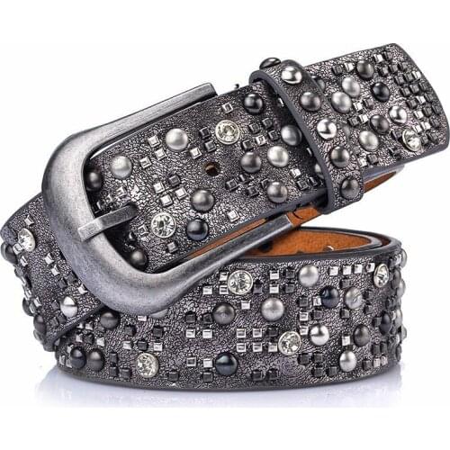 Woman Leather Belt Geometric Rivet Pin Buckle Rhinestone Belts For Women European Fashion Top Quality Leather Strap For Jeans