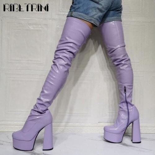 RIBETRINI Fashion New Brand Platform Block High Heels Over The Knee Boots For Women Zipper Woman Candy Color Thigh High Boots