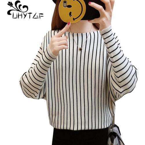UHYTGF Womens spring autumn sweater Striped bat sleeve casual Knitted short sweater coat Pullover loose thin sweater Female 725