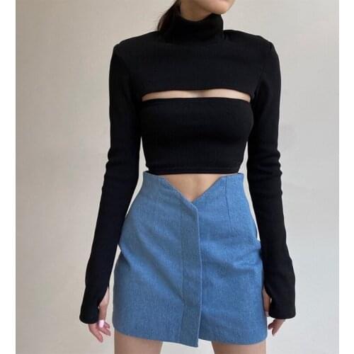 Women Ribbed Knitted Sweater 2Pcs Set Long Sleeve Turtleneck Cover Up and Strapless Bandeau Tube Top Sexy Cutout Solid