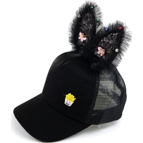 2021 Kids Girls Sunhats Child Peaked Visor Hat Cap Black Cartoon Long Ears Outdoor Breathable Sunprotection Mesh Summer Hat 2-8Y