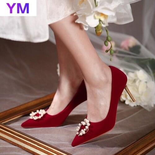2021 Women Pumps Classic Wedding Shoes Pearl Dress Stiletto Bride Pointed Toe Thin High Heel Zapatos Rojos Mujer Sexy Heels 39