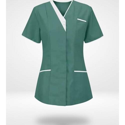 2021 Womens Solid Color Care Workers T-Shirt Scrub Tops Short Sleeve V-Neck Pocket Summer Casual Work Uniform