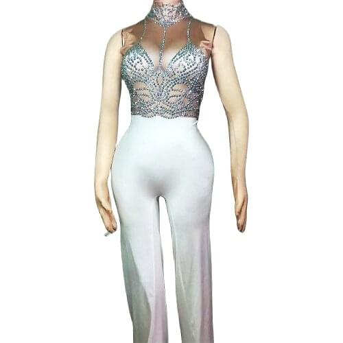 Glistening Rhinestones Women Sleeveless Jumpsuits Nude Patchwork White Wide Leg Romper Prom Party Birthday Celebrate Costumes