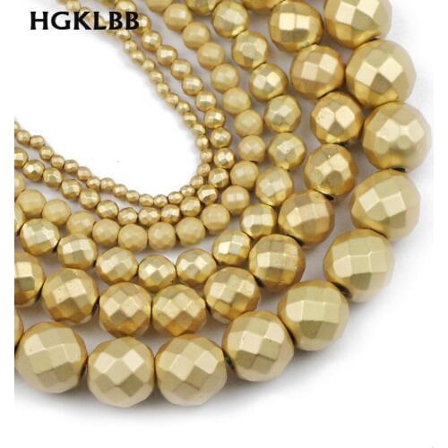 HGKLBB Natural Matte 14 KC Gold Hematite Stone Faceted Round Spacer Loose Beads For Jewelry Making Diy bracelet 2/3/4/6/8/10mm