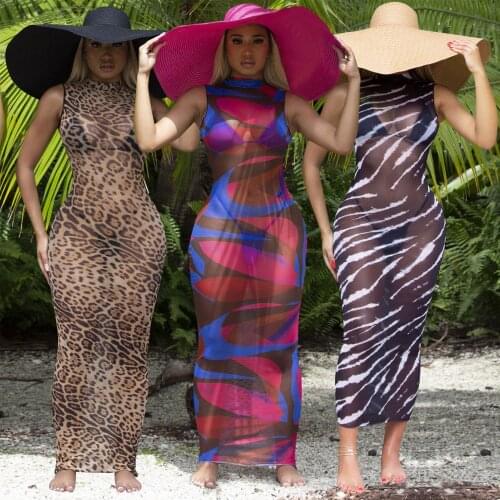Echoine See Through Leopard Print Maxi Long Dress Sleeveless Sexy Skinny Bodycon Beach Dresses Summer Sundress Robe Party Club