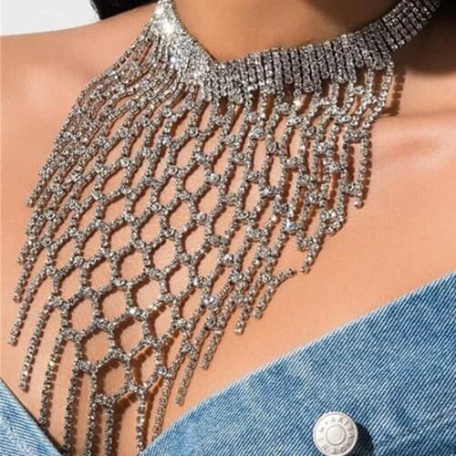 Hyperbole Super longTassels Necklace Women Shining Rhinestone O-chain Copper Bride Wedding Nightclub Charm DJ Dance Perform