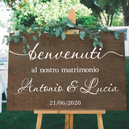 Italian Version Wedding Sign Stickers Custom Bride Groom Names Vinyl Mural Wedding Welcome Mirror Decals Décor AZ966