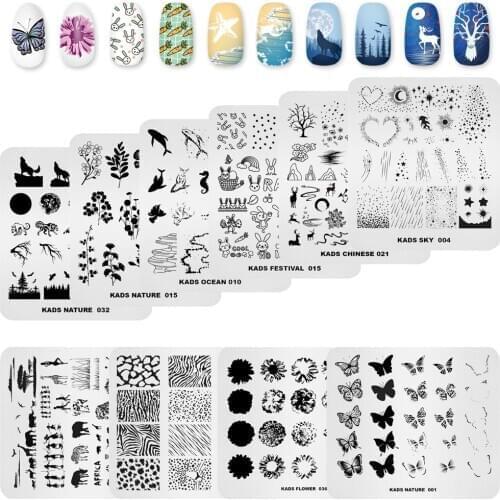 KADS 10 PCS Nail Stamping Plates Set Nail Art Templates Plate Butterfly Flower Leaves Wolf Design Chinese Manicure Stencil Tool