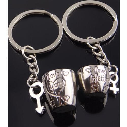 Creative Romantic Couple Cups Keychains for Lovers Metal Keychain Wedding Gifts Wholesale 2Pcs/Pair