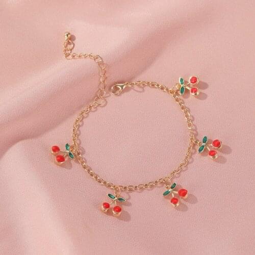 Fashion Charm Red Cherry Gold Chain Bracelets for Women Gold Color Adjustable Bracelet Anklet Jewelry Party Gifts fruit