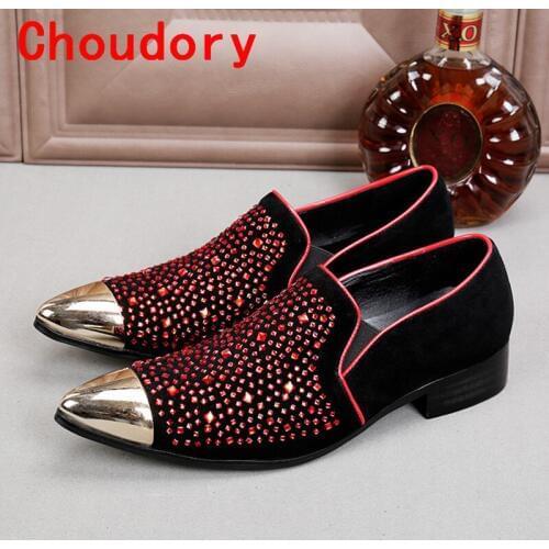 Choudory Mens italian leather shoes genuine leather pointy red wedding shoes luxury rhinestone shoes men summer dress prom shoes