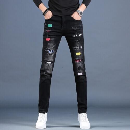 Wholesale 2020 Mens Ripped hole 3D embroidery patch black jeans mens brand slim feet casual pants summer thin jeans hombre