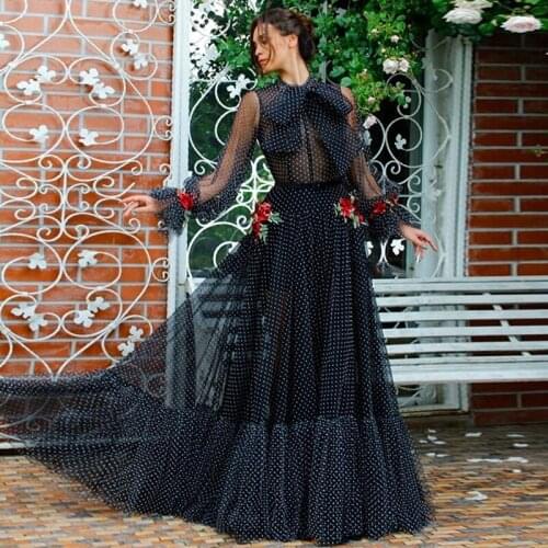 Boho Navy Dot Long Sleeve Formal Gown Cheap Evening Dress