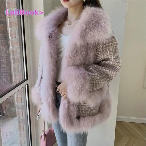 Lolibook 2021 Parkas Mujer Tweed Wool Patchwork Faux Fox Fur Coat Cardigan Warm Winter Coat Women Clothing Casaco Feminino