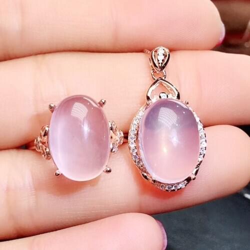 Per jewelry Natural real rose quartz fine jewelry set 1pc ring 1pc pendant 7.5ct*2pcs gemstone 925 sterling silver J204723