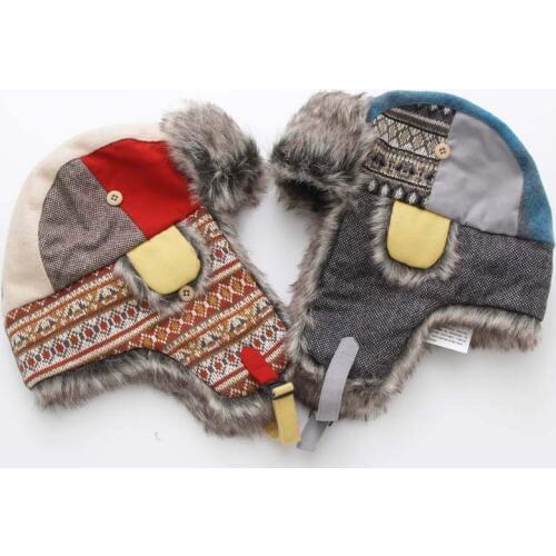 Free shipping High Quality Casual Bomber Hats Patchwork bowler Vintage earflap filling canvas warm thick winter windproop street