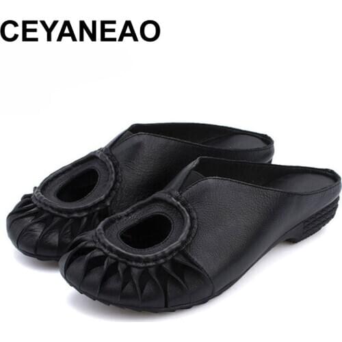 CEYANEAO New Genuine Leather Slippers For Women Stitching Slides Oxford Outside Flat with Flat Waterproof Shoe Four Color