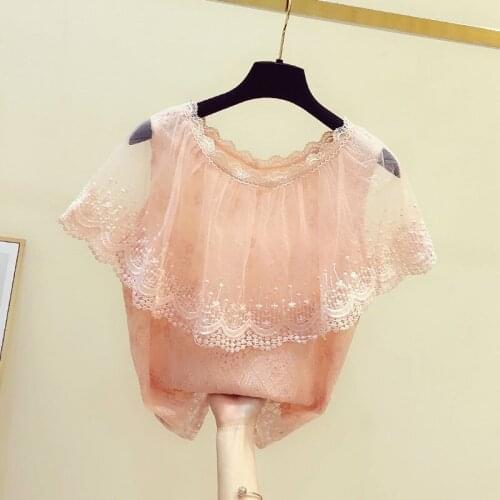 Crop Top Womans Lace Blouse 2020 Summer Shirt New Mesh Stitching Chiffon Temperament Short Sleeved Lace Blouses Blusas