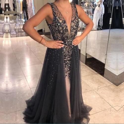 Evening Gowns Abiye Tulle Overskirt Removable Long Prom Dresses Crystal robe de soiree A Line Evening Dress Gorgeous Deep V