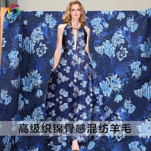 Jacquard fabric brocade blended wool polyester fabric dark blue flowers spring and autumn evening dress female dress fabric