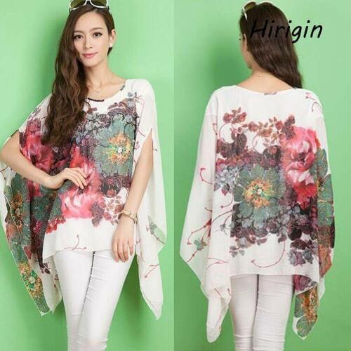 2020 summer elegant lady printed blouses boho style short batwing sleeve floral printed shirts loose chiffon mujer blouses