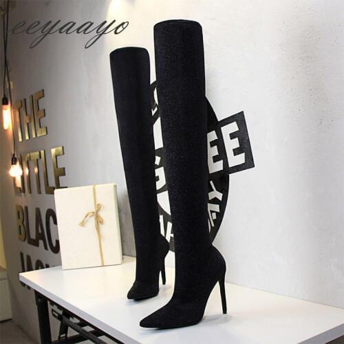 2019 New Autumn Elastic Women Over-The-Knee Boots 11cm High Thin Heel Pointed Toe Sexy Ladies Women Shoes Black Thigh High Boots