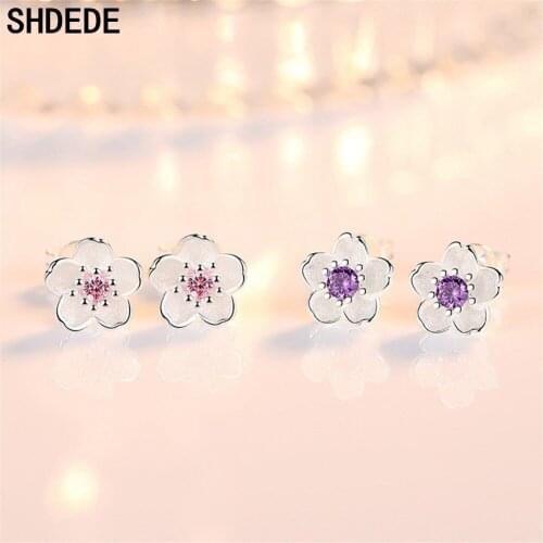 SHDEDE 925 Silver Flower Stud Earrings Women Female Ladies Cubic Zirconia Fashion Simple Girl Jewelry Anniversary Gift -WH226