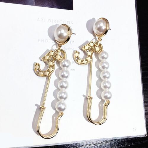 SHIFEEL 2019 New Korea Fashion Metal Pin shape Pearl string Number 5 Drop Earrings Temperament Wild Pendientes Women Jewelry