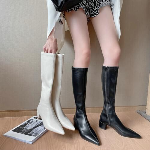 Boots for Women Winter Warm Med Heeled Knee High Boots New Fashion Genuine Leather Night Club Shoes Woman