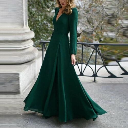 Hot Sale Women Sexy Formal Maxi Dress V Neck Long Sleeve Solid color Bandage Office Ladies Evening Party Prom Gown 3 Colors