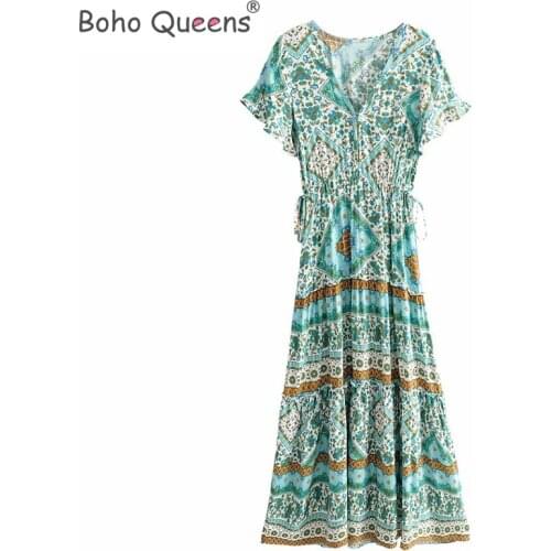 Boho Queens Women green floral print flare sleeve Bohemian rayon cotton maxi dress Ladies v-neck lace-up vintage vestidos