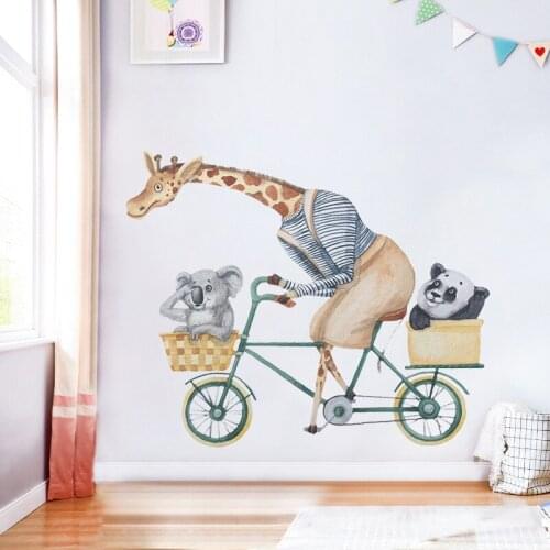 Giraffe Cycling Panda Wallpaper Childrens Bedroom Entrance Commercial Beautification Decorative Wall Sticker Self-Adhesive