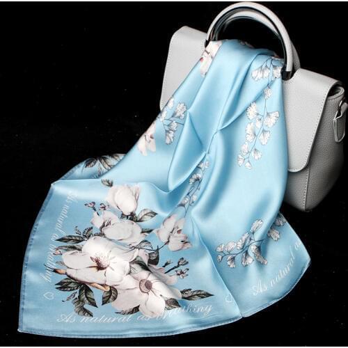 100% Silk Scarf Women Fashion Luxury Flower Print Small Kerchief Scarves Handkerchief for Stylish Lady Girl Accessories 53x53cm