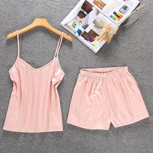 2021 Summer New 2PCS Pajama Sets Womens Strap Top&Shorts Nightwear Casual Faux Silk Sleepwear Sexy V-Neck Pyjamas Loose Homewear