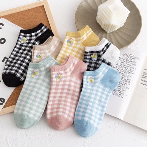 Anewmorn Spring Summer Embroidery Cartoon Women’s Socks Japanese Style Cute Flower Female Socks Sweet Cotton Lattice Casual Sox