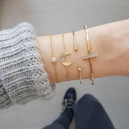 4 Pcs/Set Bohemian Moon Crystal Opening Gold Bracelet Set Trendy Bangle Bracelets for Women Jewelry Accessories