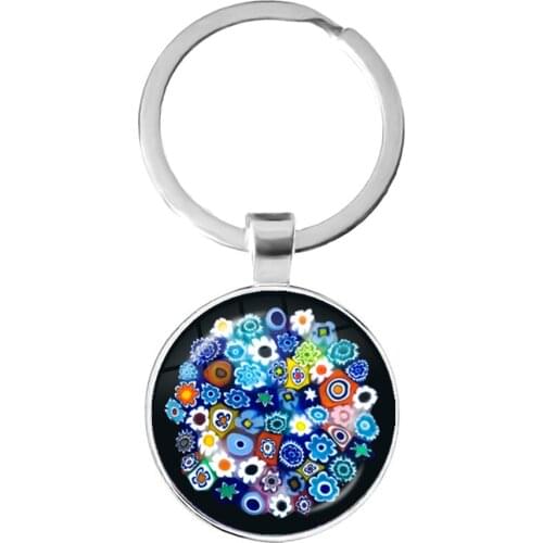 Murano Millefiori Keychains MultiColour Flower 25mm Glass Cabochon Key Rings Holder Jewelry For Women Men Gift Wholesale
